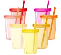 Youngever 7 Sets Plastic Kids Cups with Lids and Straws, 7 Reusable Toddler Cups with Straws in 7 Pink Colors