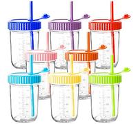 Youngever 8 Pack 250ML Glass Jars with Straws, Glass Cups with Straws, Mason Jars with Airtight Lids and Straws, 8 Assorted Colors