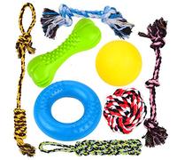 Youngever 8 Pack Durable Dog Chew Toys, Puppy Toys, for Small and Medium Dogs, 3 Puppy Teething Natural Rubber Toys (Dog Ring, Dog Bone, Dog Ball), 5 Dog Ropes Toys