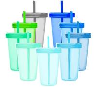 Youngever 9 Sets 500ML Plastic Cups with Lids and Straws, Reusable Plastic Cups with Straws (Coastal Colors)
