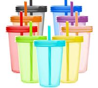Youngever 9 Sets 500ML Plastic Cups with Lids and Straws, Reusable Plastic Cups with Straws in 9 Assorted Colors