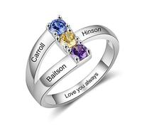 YoungHong Personalised 3 Family Names With 3 Birthstones 925 Sterling Silver Princess Engagement Ring Wedding Eternity Rings Engraved Customised Rings for Women Girls Mom 7