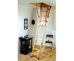 YOUNGMAN ECO S LINE TIMBER/ WOODEN FOLDING LOFT LADDER & HATCH C/W HANDRAIL