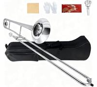 YoungMonic Bb Tenor Slide Trombone B Flat Gold Brass Plated Trombone for Beginners and Adults with Mouthpiece Carrying Case White Gloves Wipe Cloth (sliver)