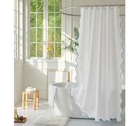 youngseahome White Fabric with Aqua Scalloped Border Shower Curtain,Boho Chic Cloth Shower Curtain for Bathroom Showers,72 x 72 Inches