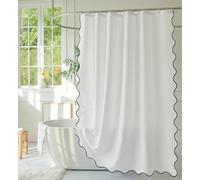 youngseahome White Fabric with Black Scalloped Border Shower Curtain,Boho Chic Cloth Shower Curtain for Bathroom Showers,72 x 84 Inches