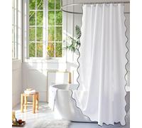 youngseahome White Fabric with Grey Scalloped Border Shower Curtain,Boho Chic Cloth Shower Curtain for Bathroom Showers,72 x 72 Inches