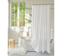 youngseahome White Fabric with Water Blue Scalloped Border Shower Curtain,Boho Chic Cloth Shower Curtain for Bathroom Showers,72 x 72 Inches