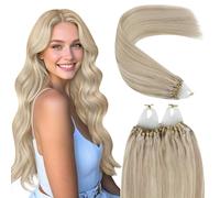 YoungSee 14inch Micro Beads Hair Extensions Ash Blonde Micro Loop Human Hair Extensions Blonde Highlights with Ash Blonde Long Lasting for Daily Use Cold Fusion Short Straight Transparent Line 50s 50g