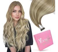 YoungSee 14inch Nano Hair Extensions Brown Ombre Nano Ring Hair Extensions Light Brown with Platinum Blonde Balayage for Daily Use Cold Fusion Natural Looking Short Straight Seamless Blend 50g 50S