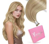 YoungSee 16 inch Nano Hair Extensions Real Human Hair Highlight Nano Ring Hair Extensions Dark Ash Blonde Highlights Golden Blonde for Women Cold Fusion Pre Bonded Long-Lasting No Tangle Silky 50g 50s