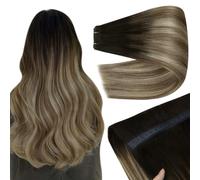 YoungSee 18Inch 100G Butterfly Weft Hair Extensions Brown Balayage Human Hair Extensions OVO Weft Darkest Roots to Medium Brown with Blonde Balayage PU Hole Wefts Human Hair
