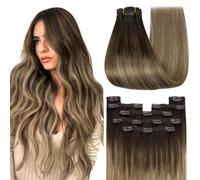 YoungSee 22inch 120g Clip in Human Hair Extensions Double Weft Balayage Dark Brown with Blonde Clip Hair Extensions Human Hair Balayage for Bridal Look Easy-to-Wear Silky Straight Stylish Long 7Pcs
