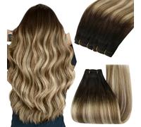 YoungSee 24inch 130g Sew in Hair Extensions Real Human Hair Brown, Stylish | Double Weft Human Hair Extensions Dark Brown Ombre to Medium with Ash Blonde, Sew in Extensions Long Straight Hair, Thickness