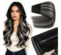 YoungSee Black Hair Extensions Butterfly Weft, Black Silver Butterfly Extensions Human Hair, OVO Weft Hair Extensions Long Straight Hair, DIY Hairstyle 22 Inch 100g