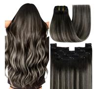 YoungSee Black Human Hair Extensions Clip in 12inch 80g Clip in Hair Extensions Real Human Hair Black Root Ombre to Silver Real Clip in Extensions Ombre for Role Playing Short Straight 7Pcs