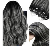 YoungSee Black Ombre Micro Loop Hair Extensions 16 Inch Rings Human with Silver Balayage Beads 50 Strands Grams #1B/Silver/1B, 16inch/40cm