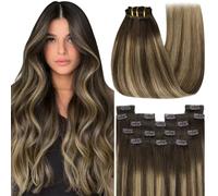 YoungSee Brown Hair Extensions Clip in 22 inch 120g Invisible Clip in Human Hair Extensions Balayage Double Weft Chocolate Brown Mix Caramel Blonde Hair Extension Clips for Women 7 Separate Pieces