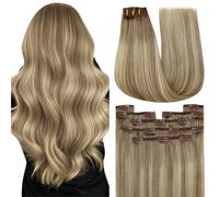 YoungSee Brown Human Hair Extensions Clip in,120g 14inch,Real Human Hair Clip in Extensions,Balayage Light Brown to Blonde with Brown,for Wedding,Double Weft 7 Separate Pieces,Easy Application