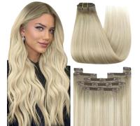YoungSee Clip in Hair Extensions Ombre Blonde Hair Extensions Clip ins Ash Blonde Ombre Sunkissed Blonde Straight Clip in Real Hair Extensions Ombre Clip on Hair Extensions 7Pcs 80G 12Inch