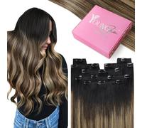 YoungSee Clip in Hair Extensions Real Human Hair Black 16inch Human Hair Extensions Clip in Black Ombre Dark Brown with Blonde Balayage Clip in Extensions for First-Time Users 120g 7pcs Resuable