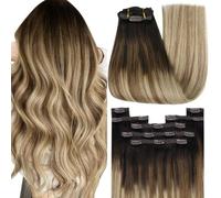 YoungSee Clip in Hair Extensions Real Human Hair Brown for Women 14 inch 120g 7pcs Remy Real Human Hair Clip in Extensions Dark Brown Roots Blending into Medium Brown with Warm Blonde Double Weft