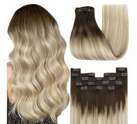 YoungSee Clip in Hair Extensions Real Human Hair Mixed Brown 14 inch 120g 7pcs Clip in Human Hair Extensions Full Head Ombre Dark Brown to Brown with Blonde Balayage Double Weft for Daily Use