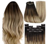 YoungSee Clip in Human Hair Extensions Balayage 22inch 120g Clip in Hair Extensions Real Human Hair Dark Brown Roots Blending into Medium Brown with Warm Blonde Clip in Extensions for Girls Long 7pcs