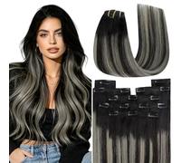 YoungSee Clip in Human Hair Extensions Black 16inch Human Hair Clip in Extensions Black Root Ombre to Silver Clip in Hair Extensions for Wedding 120g Reusable 7 Separate Pieces Easy to Install