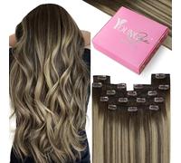 YoungSee Clip in Human Hair Extensions Brown Balayage, 12inch 80g 7pcs | Clip in Hair Extensions Balayage Dark Brown with Ash Blonde, Short Straight Hair Extensions Clip in Invisible, for Daily Wear