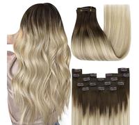 YoungSee Human Hair Clip in Extensions 18inch Dark Root Clip in Human Hair Extension Ombre Dark Brown to Brown with Blonde Balayage Human Clip in Hair Extensions for First-Time Users 120g Stylish 7pcs