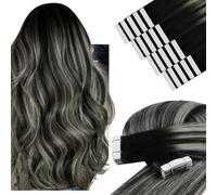 YoungSee Human Hair Tape in Extensions Ombre Black to Silver Invisible Tape in Hair Extensions Human Hair Black Balayage Silver for Short Hair 12 Inch 30g 20pcs Lightweight