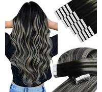 YoungSee Invisible Tape in Hair Extensions Ombre Black, Tape Extensions Human Hair, Silver with Black Balayage, for Long Straight Tape-in Hair, 24 Inch 20pcs 50g