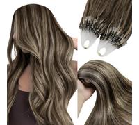 YoungSee Micro Bead Hair Extensions Brown 16inch Invisible Microloop Hair Extensions Dark Brown with Blonde Highlight Hair Extension Micro Rings Pre Bonded for Women Cold Fusion 50s 50g