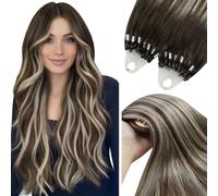 YoungSee Micro Beads Hair Extensions 14 inch Micro Loop Hair Extensions Brown Ombre Dark Brown with Ash Blonde Micro Ring Hair Extensions Dark Brown for Girls Short Straight 50s Cold Fusion 50g