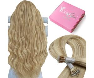 YoungSee Nano Beads Hair Extensions Blonde 14inch Nano Hair Extensions Warm Ash Blonde Highlights Bleach Blonde Nano Ring Hair Extension Highlight for Women Cold Fusion 50g Short Straight 50s