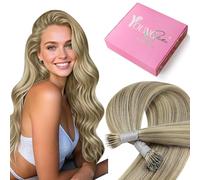 YoungSee Nano Hair Extensions Brown 14inch 50g Nano Beads Hair Extensions Highlight Light Brown and Platinum Blonde Nano Ring Hair Extension for Wedding Cold Fusion Short Straight 50s