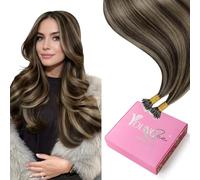 YoungSee Nano Hair Extensions Dark Brown 14 inch 50g Short Straight Hair | Nano Beads Hair Extensions Dark Brown Highlights Caramel Blonde,Human Hair Extensions for Women,Natural Look for Daily Wear