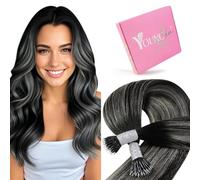 YoungSee Nano Hair Extensions Silver 22inch Nanobeads Hair Extensions Human Hair Ombre Black to Silver Nano Ring Extensions Black for Role Playing Cold Fusion Stylish Long Straight 50s 50g