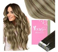 YoungSee Ombre Hair Extensions Tape in Human Hair Extensions Balayage Dark Brown to Medium Blonde 16in 20pcs 50g