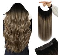 YoungSee Wire Hair Extensions Black 20inch 100g Wire Human Hair Extensions Black to Dark Brown with Blonde Balayage Wire Extension Human Hair for Party Long Straight One Piece Resuable