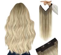 YoungSee Wire Hair Extensions Blonde 18inch 80g Wire Hair Extensions Human Hair Balayage Ash Blonde Ombre Platinum Blonde Secret Fish Wire Extensions for Women Long Straight One Piece