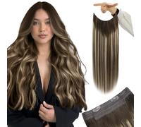 YoungSee Wire Hair Extensions Brown 18inch 80g Hidden Wire Extensions Remy Real Hair Ombre Dark Brown with Ash Blonde Wire Hair Extension Human Hair for Women One Piece