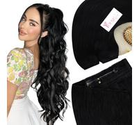 YoungSee Wire Hair Extensions Jet Black 16inch 80g Invisible Wire Extensions Human Hair Black One Piece Fish Line Human Hair Extensions for Girls Silky Straight