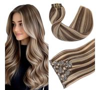 Youngsmile Clip-In Real Hair Extensions, Dark Brown and Caramel Blonde Mix, 7 Pieces, 120 g, Real Hair Extensions, Clip-In Real Hair, 55 cm, #4P27 (clip #4P27-22 inches)