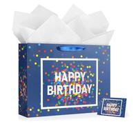 YoungTree Large Happy Birthday Gift Bag with Tissue Papers and Greeting Card,Portable Paper Gift Bags with Handles, Navy Blue Present Bags for Women Men Birthday Party Supplies 13" x 10.2" x 4.7"