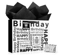 YoungTree Large Happy Birthday Gift Bag with Tissue Papers and Greeting Card,Portable Paper Gift Bags with Handles,White and Black Present Bags for Women Men Birthday Party Supplies13 x 10.2" x 4.7"