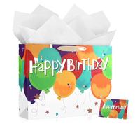 YoungTree Large Happy Birthday Gift Bag with Tissue Papers and Greeting Card,Portable Paper Gift Bags with Handles,Present Bags for Women Men Birthday Party Supplies 13" x10.2"x4.7"(Coloured Balloon)