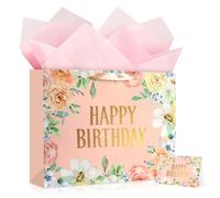 YoungTree Large Happy Birthday Gift Bag with Tissue Papers and Greeting Card,Portable Paper Gift Bags with Handles,Pink Floral Present Bags for Women Birthday Party Mother's Day 13" x 10.2" x 4.7"