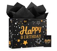 YoungTree Large Happy Birthday Gift Bag with Tissue Papers and Greeting Card,Portable Paper Gift Bags with Handles,Present Bags for Women Men Birthday Party Supplies 13" x10.2"x4.7"(Black Starry Sky)
